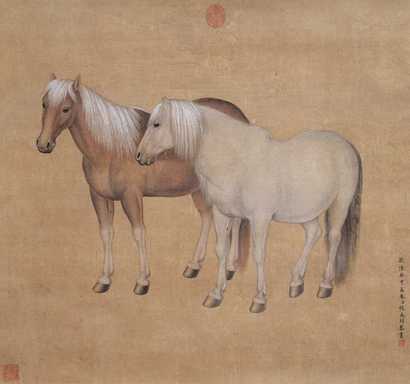 张为邦 1743年作 双骏图 立轴